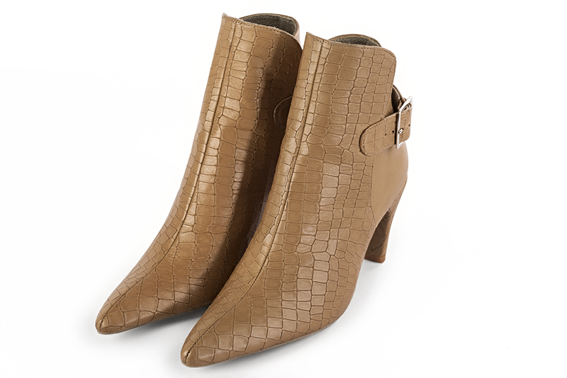 Women's camel beige elegant ankle boots, with buckles at the back. Tapered toe. High slim heel - Front view